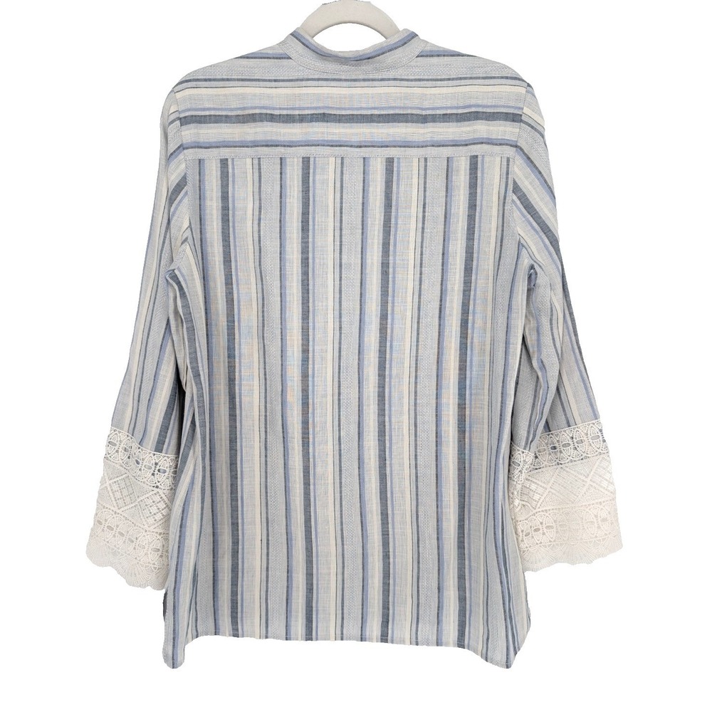 Etcetera Blue White Striped V Neck Linen Blend Tunic Lace Trim Coastal Preppy 10 - Picture 2 of 10